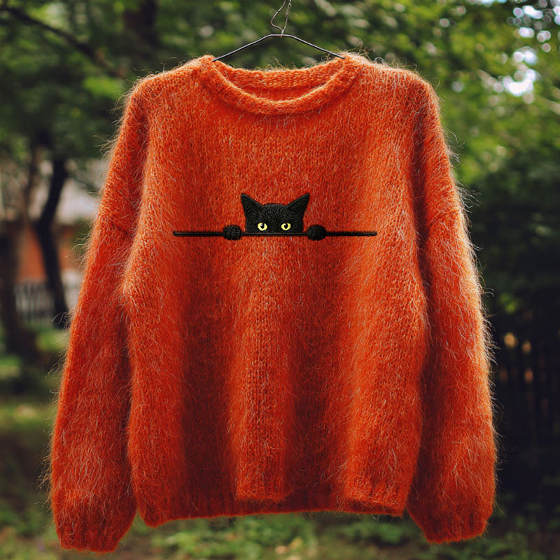 Comstylish Retro Casual Halloween Funny Black Cat Embroidered Sweater
