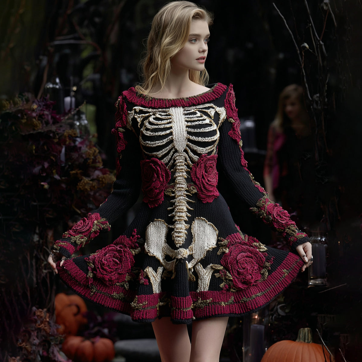 Comstylish Women's Vintage Floral Skull Pattern Knit Mini Sweater Dress