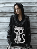 Halloween Cat And Skeleton Pattern Women's V-neck Hooded Knit Sweater elevenforest
