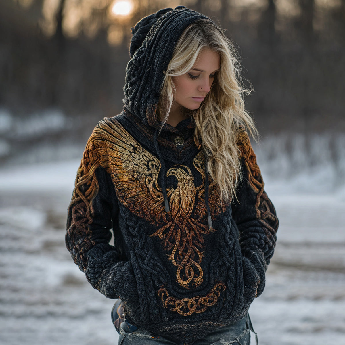 Women's Celtic Knot Myth Phoenix Embroidered Hooded Sweater artswardrobe