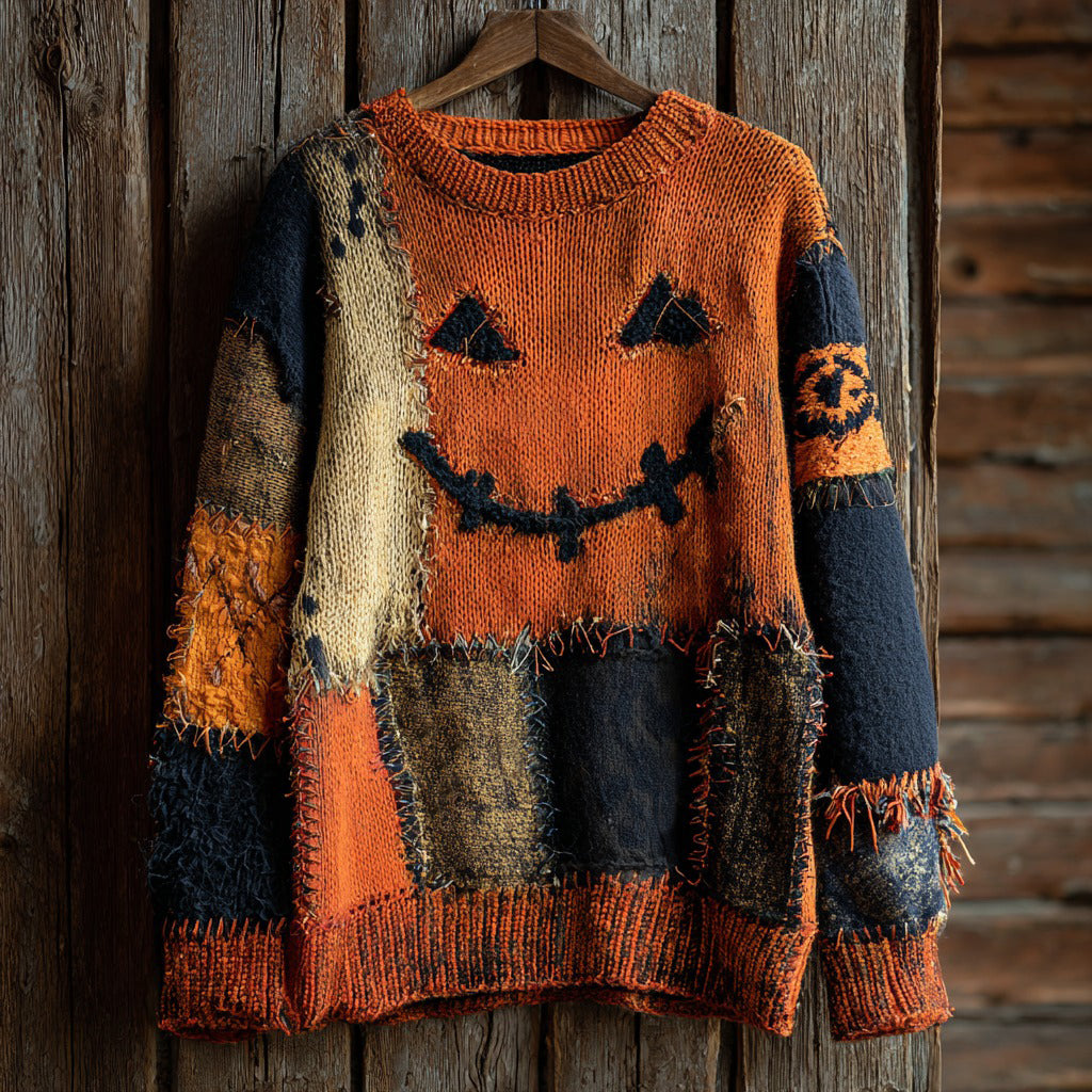 Halloween Pumpkin Face Contrast Stitched Cozy Knit Sweater artswardrobe