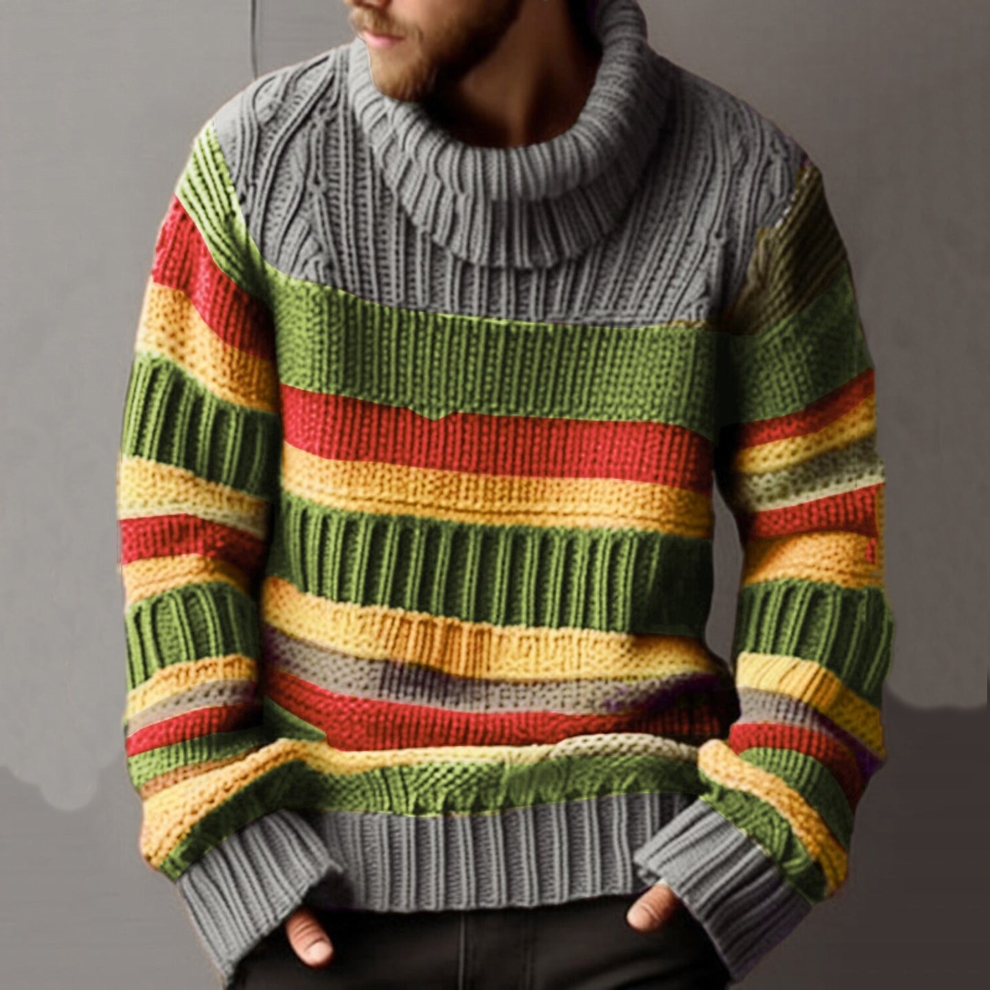 Men's Vintage Colorblock Knitted Turtleneck Sweater artswardrobe