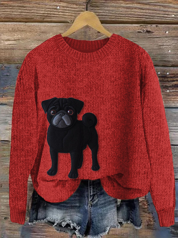 Comstylish Lively Pug Dog Felt Art Cozy Knit Sweater