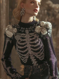 Comstylish Halloween Anatomy Art Skeleton Flower Round Neck Sweater