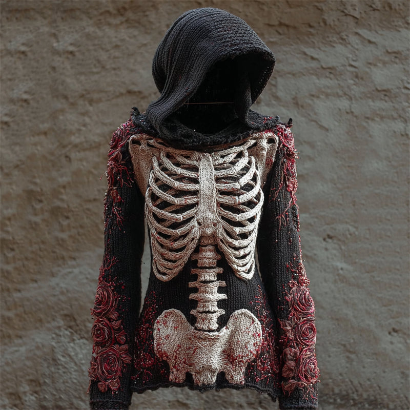Comstylish Vintage Bloody Roses Skeleton Crochet Cozy Knit Hooded Sweater