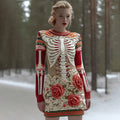 Comstylish Women's Vintage Halloween Skeleton Bones With Rose Art Cozy Knit Mini Sweater Dress