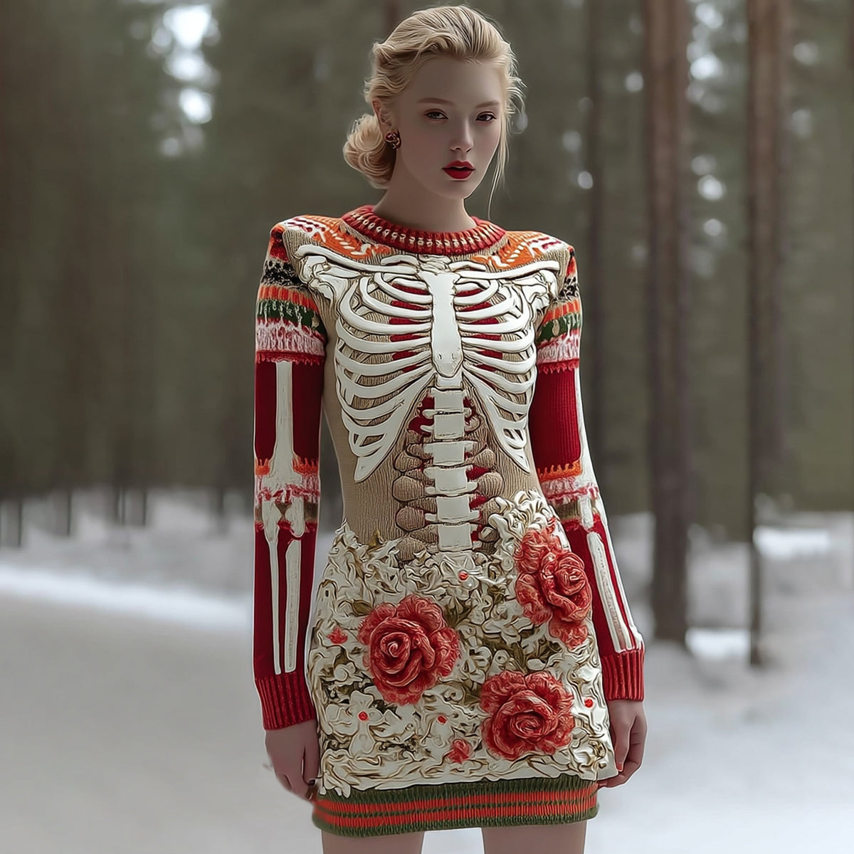 Comstylish Women's Vintage Halloween Skeleton Bones With Rose Art Cozy Knit Mini Sweater Dress