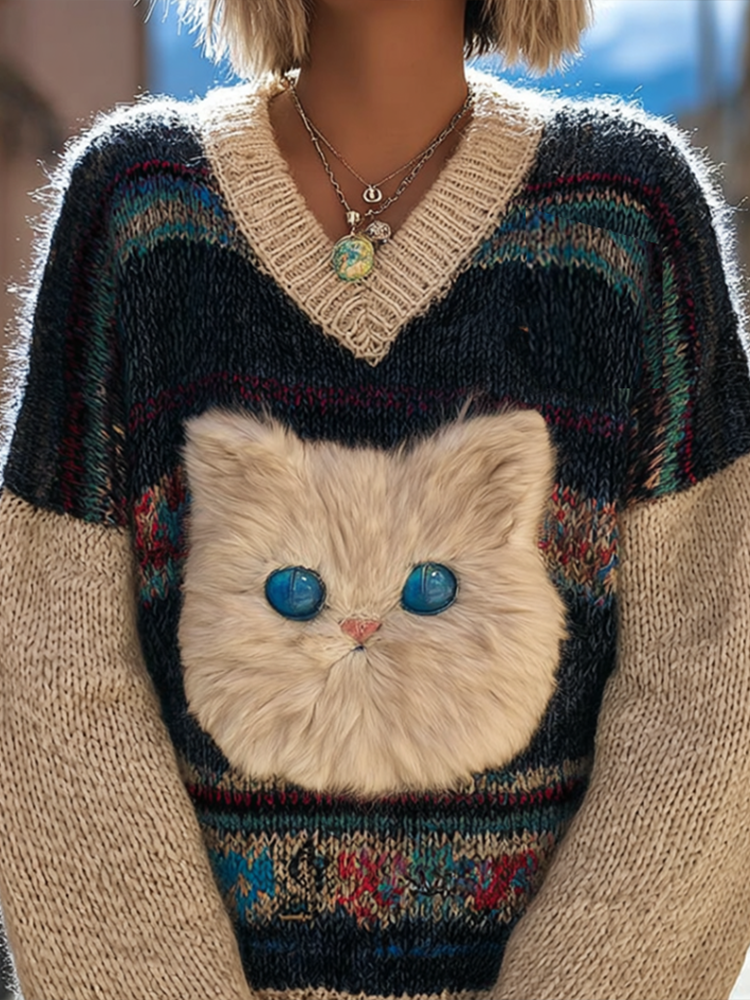 Comstylish Women's Colorful Striped Plush Cat Pattern Embroidered V-neck Knit Sweater