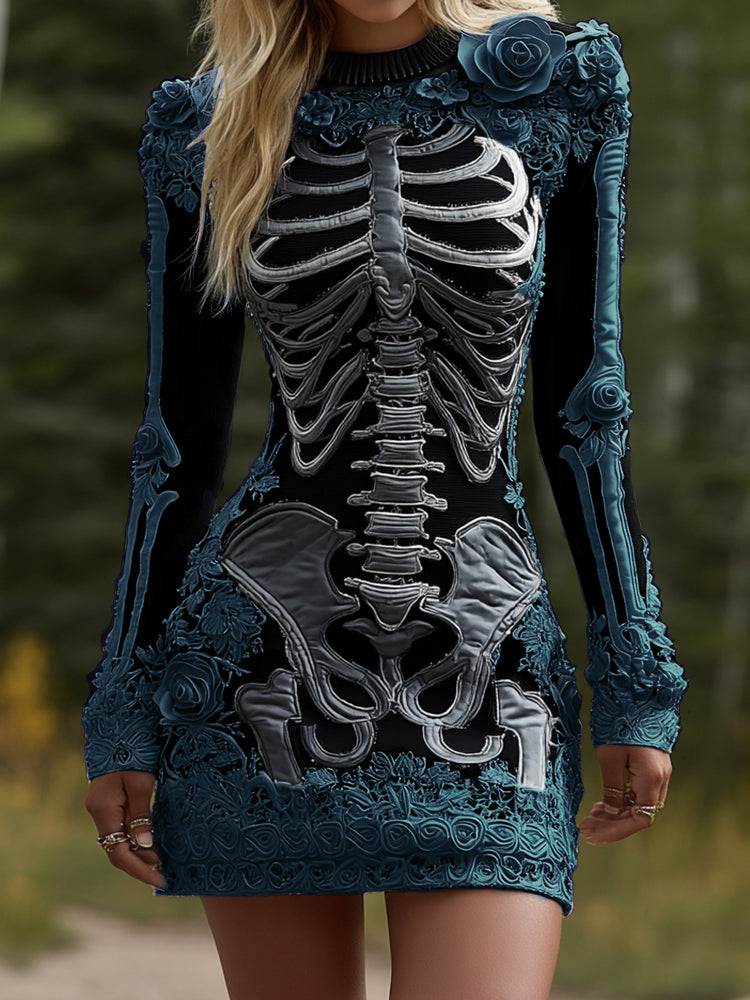 Comstylish Women's Halloween Skeleton Bones Leather With Rose Pattern Art Hot Sexy Style Cozy Knit Mini Sweater Dress