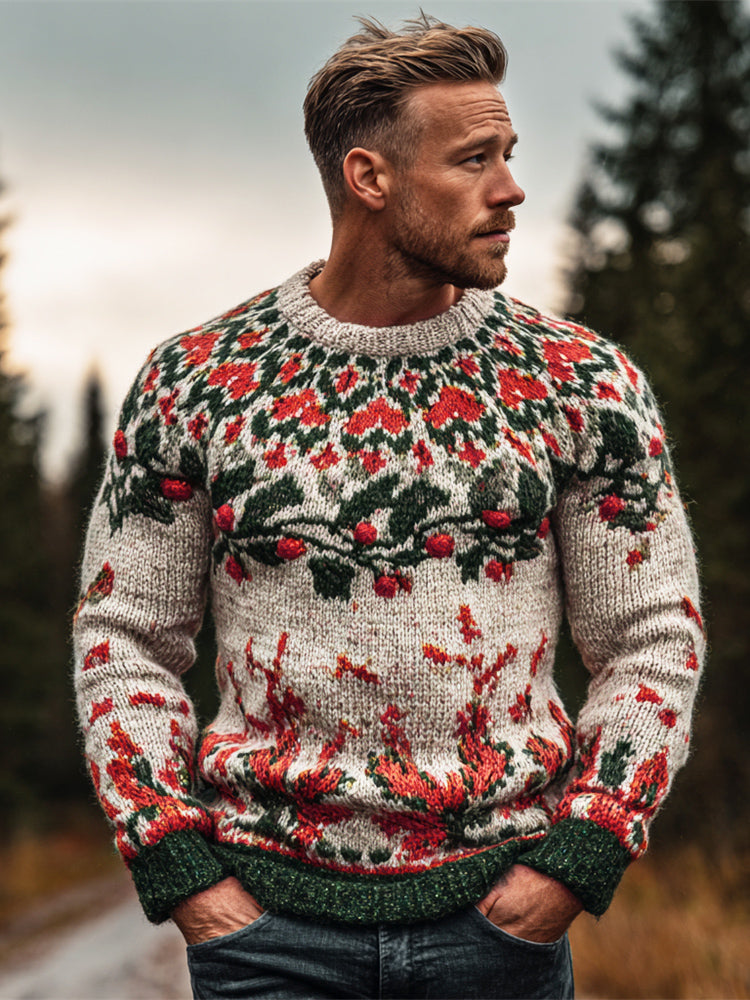 Vintage Christmas Holly Leaf Men's Icelandic Sweater artswardrobe
