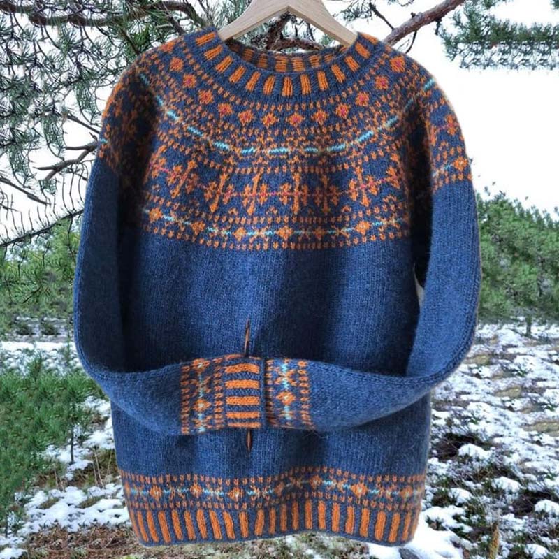Unisex Vintage Icelandic Blue Knit Jacquard Warmth Crew Neck Sweater elevenforest
