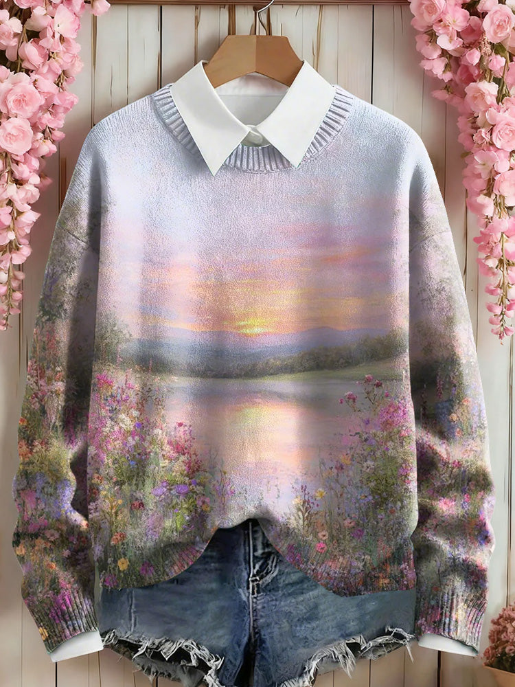 Women's Pink Floral Art Print Sweater