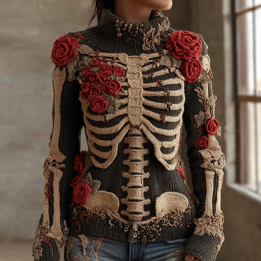 Comstylish Women's Vintage Red Rose Skeleton Art Cozy Knit Turtleneck Sweater