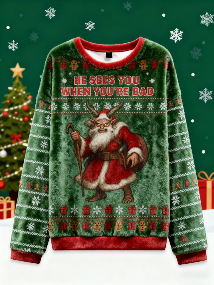 Comstylish Vintage Krampus Sees You When You're Bad Christmas Ugly Flannel Sweater