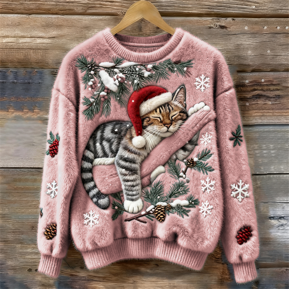 Christmas Lazy Cat Art Women's Cozy Plush Sweater artswardrobe