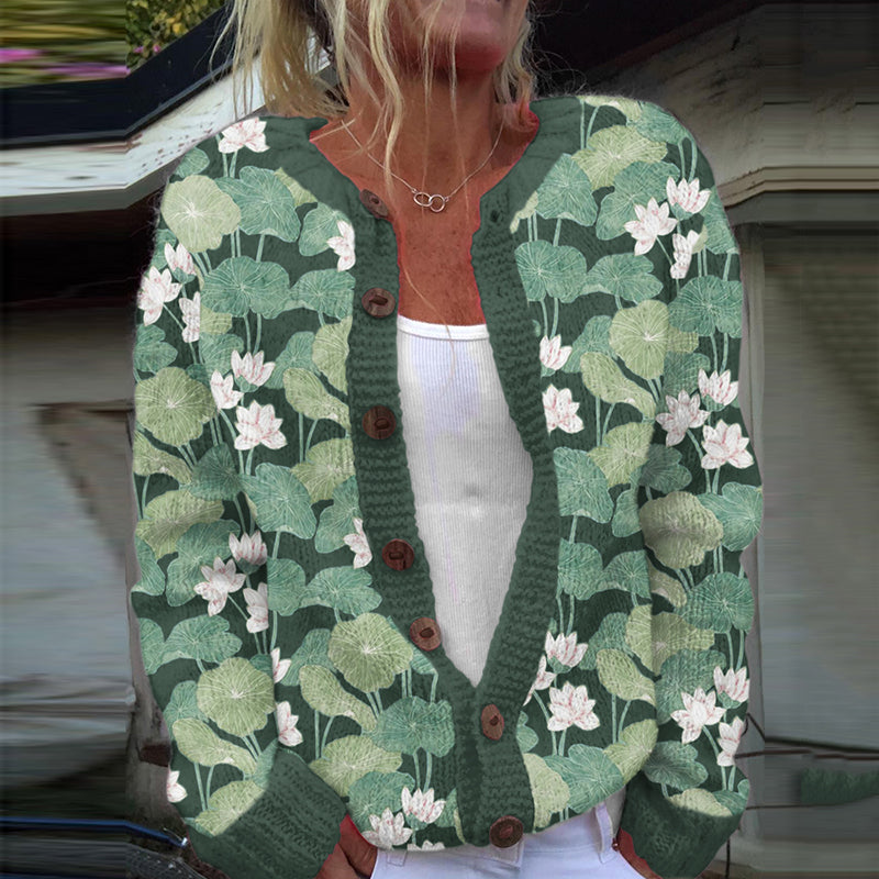 Vintage Water Lily Art Knitted Jacquard Sweater artswardrobe