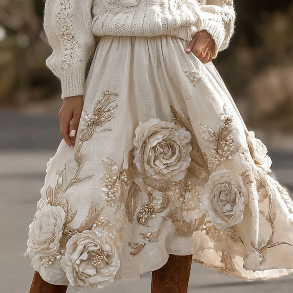 Vintage Rose Pattern Cable Knit Sweater And Linen Skirt Two-piece Set artswardrobe