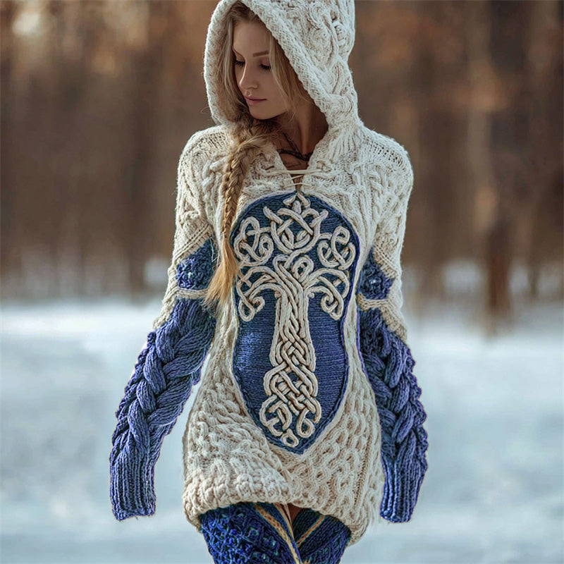 Viking Tree Of Life Celtic Contrast Cozy Chunky Hooded Sweater artswardrobe