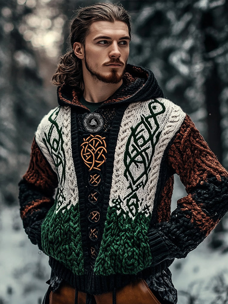 Vintage Viking Rune Patchwork Color Knitted Jacquard Crew Neck Hooded Sweater artswardrobe