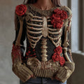 Comstylish Women's Vintage Skeleton Red Rose Art Knit Pullover Sweater