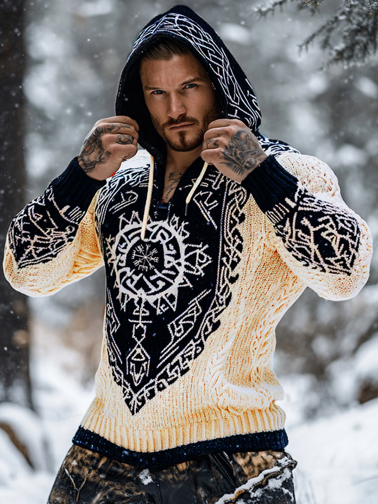 Men's Viking Tribal Jacquard Celtic Inspired Chunky Knit Hooded Sweater artswardrobe