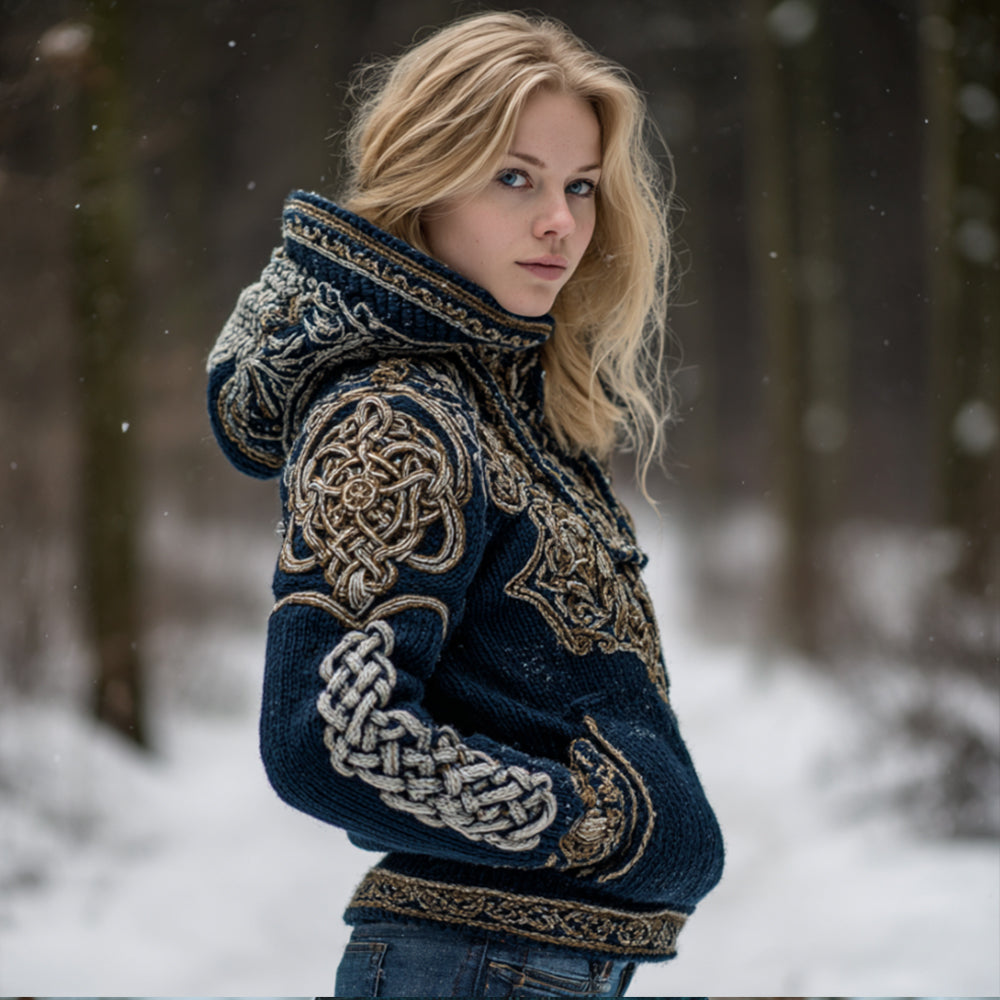 Women's Viking Style Navy Blue Hooded Sweater artswardrobe