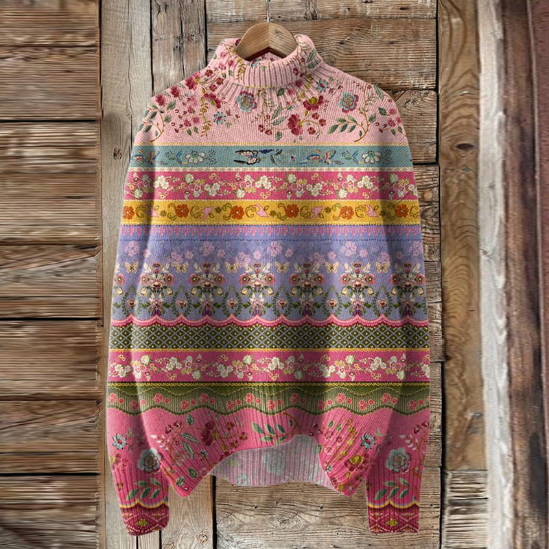 Tribal Lovely Floral Art Print Knit Turtleneck Pullover Sweater artswardrobe