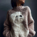Cute White Dog Embroidered Crew Neck Cozy Sweater artswardrobe