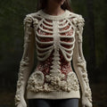 Women's Halloween Skull Sequin Art Knitted Warm Crew Neck Sweater artswardrobe