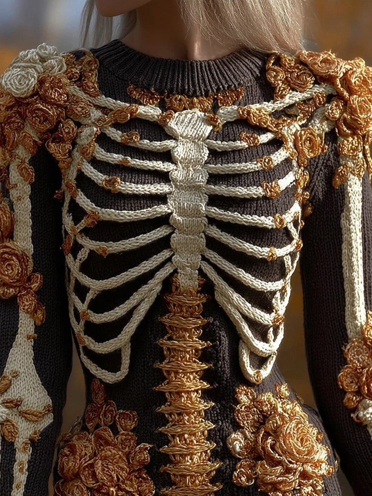 Comstylish Classy Skeleton Roses Embroidered Cozy Knit Sweater