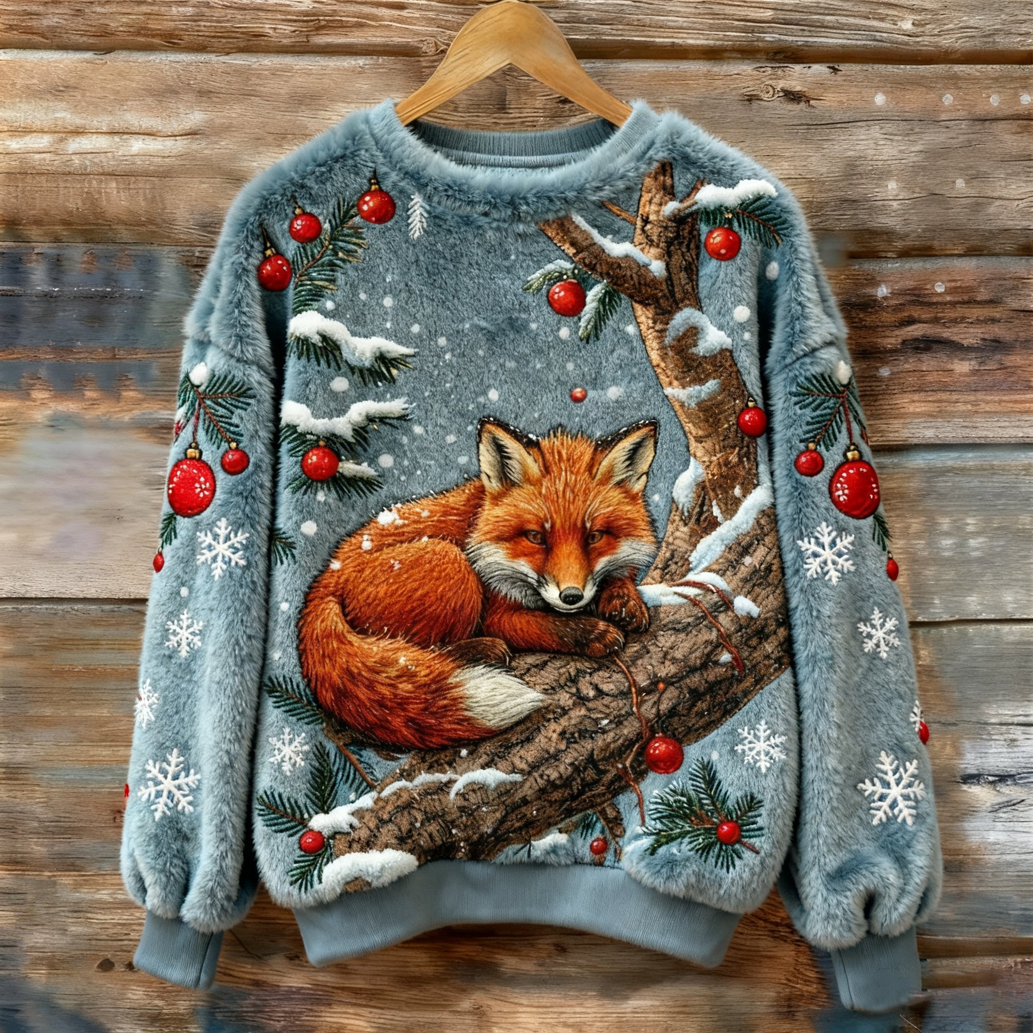 Vintage Christmas Lazy Fox Art Women's Cozy Plush Sweater