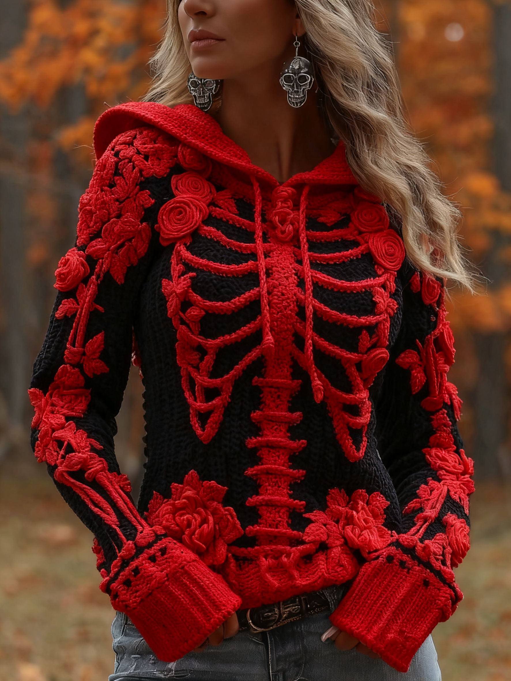 Women's Halloween Skeleton Bones With Roses Art Knitted Warm Hooded Sweater artswardrobe