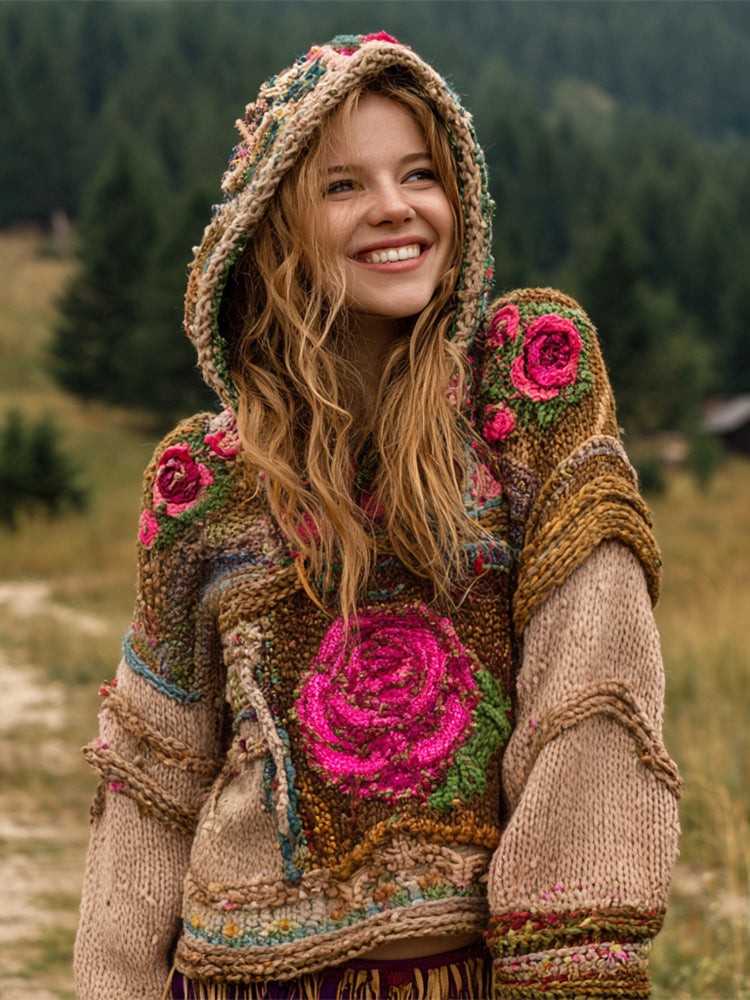 Boho Vintage Floral Embroidery Women's Knit Hooded Sweater artswardrobe