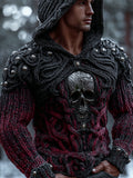 Rock And Roll Studded Metal Skull Art Men's Chunky Knit Hooded Sweater elevenforest