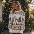 Women's Christmas Tree And Elk Pattern Warm Casual Round Neck Sweater artswardrobe