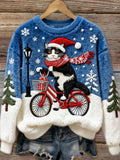 Christmas Bicycle Cat Women's Cozy Plush Sweater
