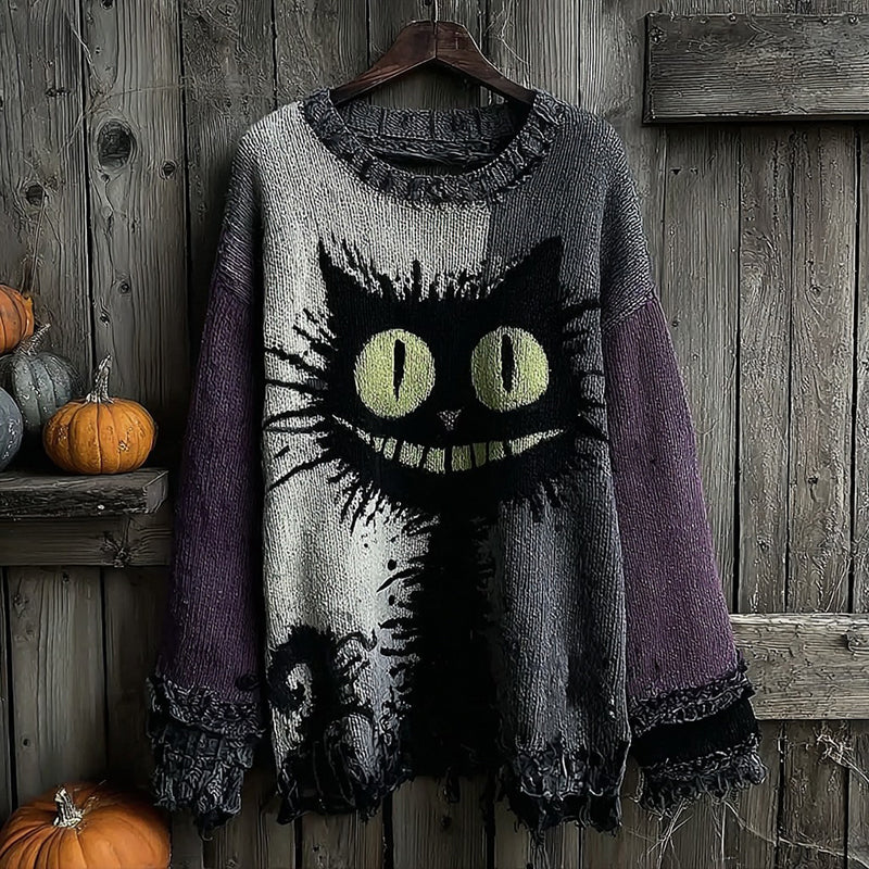 Comstylish Halloween Black Cat Contrast Knitted Warm Crew Neck Sweater
