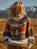 Fair Isle Style Elements Women's Round Neck Knit Sweater artswardrobe