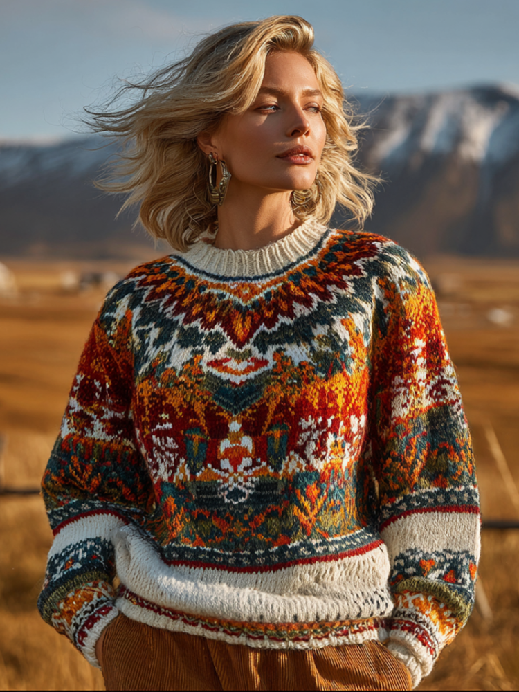 Fair Isle Style Elements Women's Round Neck Knit Sweater artswardrobe