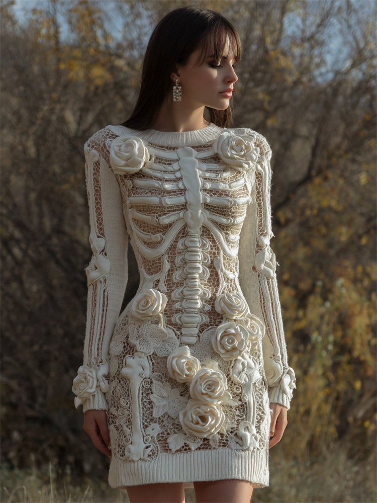 Skeleton White Roses Lace Crochet Cozy Knit Sweater Dress artswardrobe