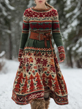 Comstylish Retro Christmas Series Women's Round Neck Knitted Sweater Dress Long Dress