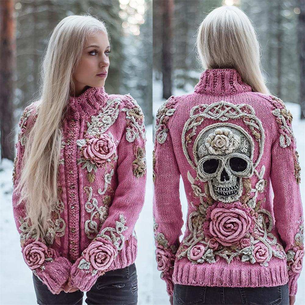 Comstylish Skull & 3d Floral Knit Art Women's Stand Collar Sweater