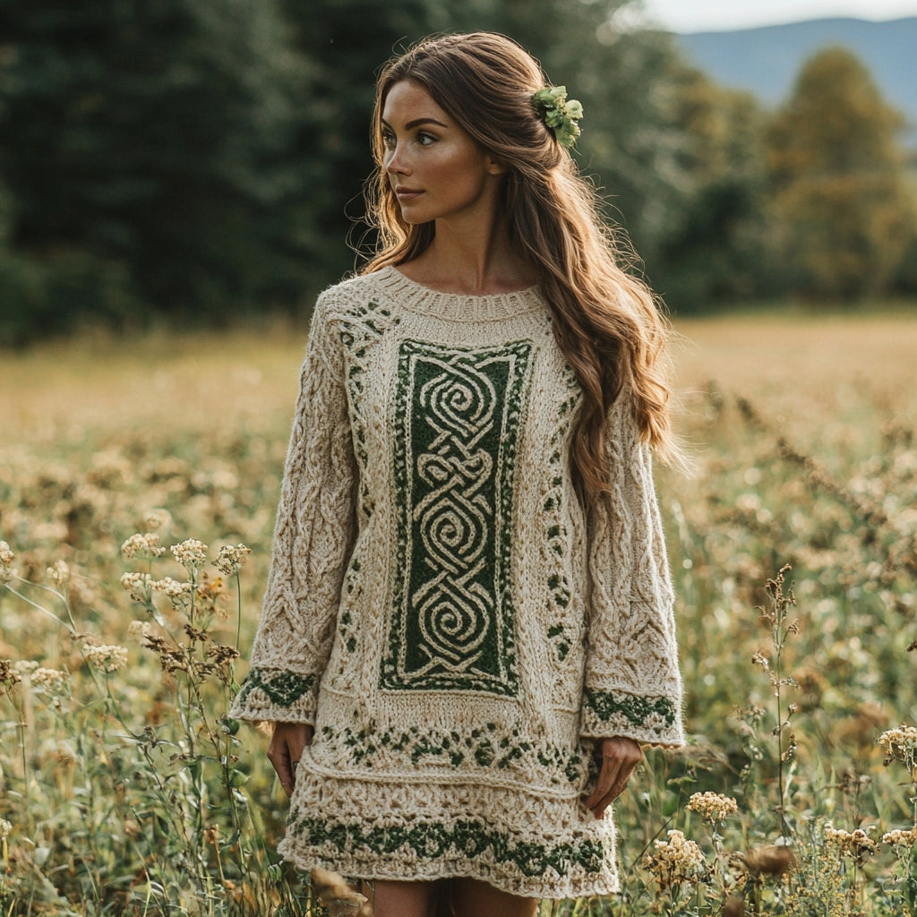 Women's Irish Celtic Knot Jacquard Crew Neck Contrast Color Sweater Dress artswardrobe