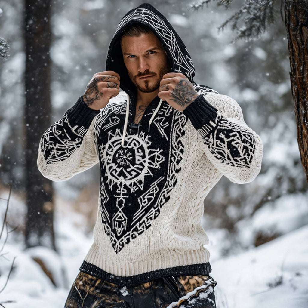 Men's Viking Tribal Jacquard Celtic Inspired Chunky Knit Hooded Sweater artswardrobe