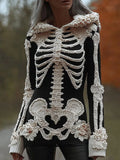 Comstylish Women's Halloween Skeleton Rose Art Black Hooded Sweater