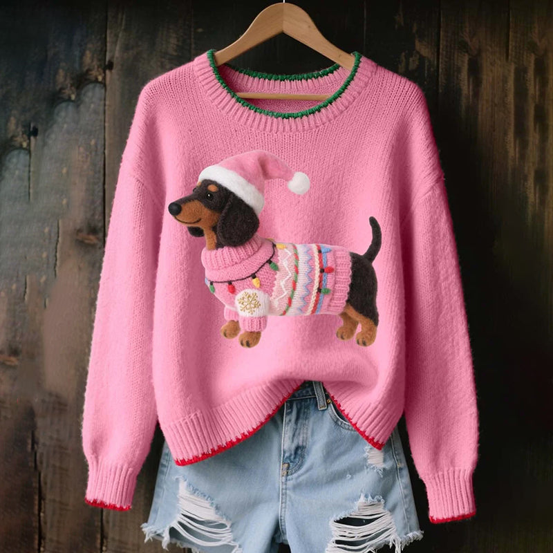 Comstylish Women's Lovely Christmas Dachshund Felt Art Cozy Knit Sweater