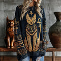 Comstylish Women's Ancient Egyptian Cat Pattern Knit Pullover Sweater