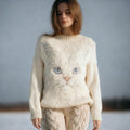 Comstylish Cute Cat Face Embroidered Round Neck Cozy Knit Sweater