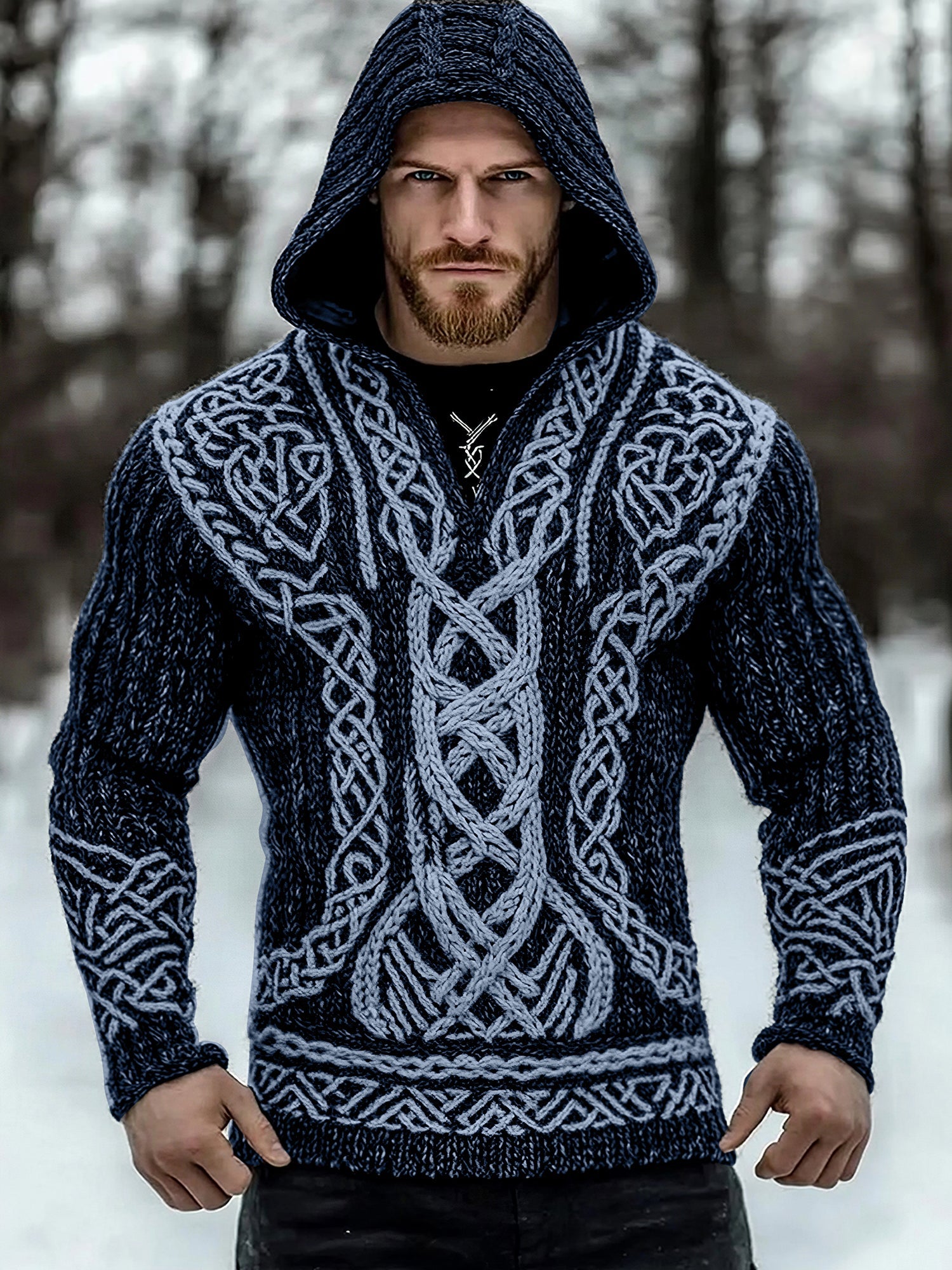 Men's Viking Tribal Jacquard Inspired Celtic Hooded Sweater artswardrobe