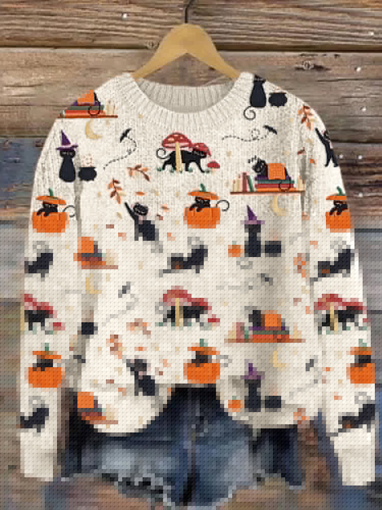 Black Cat Pumpkin Embroidery Pattern Knit Sweater elevenforest